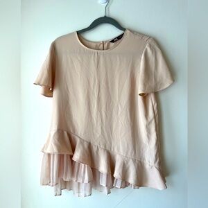Flutter sleeve asymmetrical ruffle short sleeve blouse with keyhole back medium